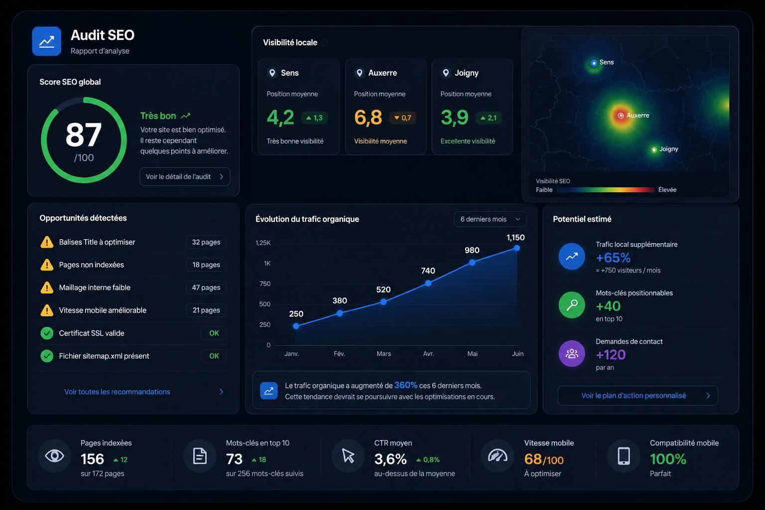 Rapport d'audit SEO Gloweb : score global, visibilité locale et évolution du trafic
