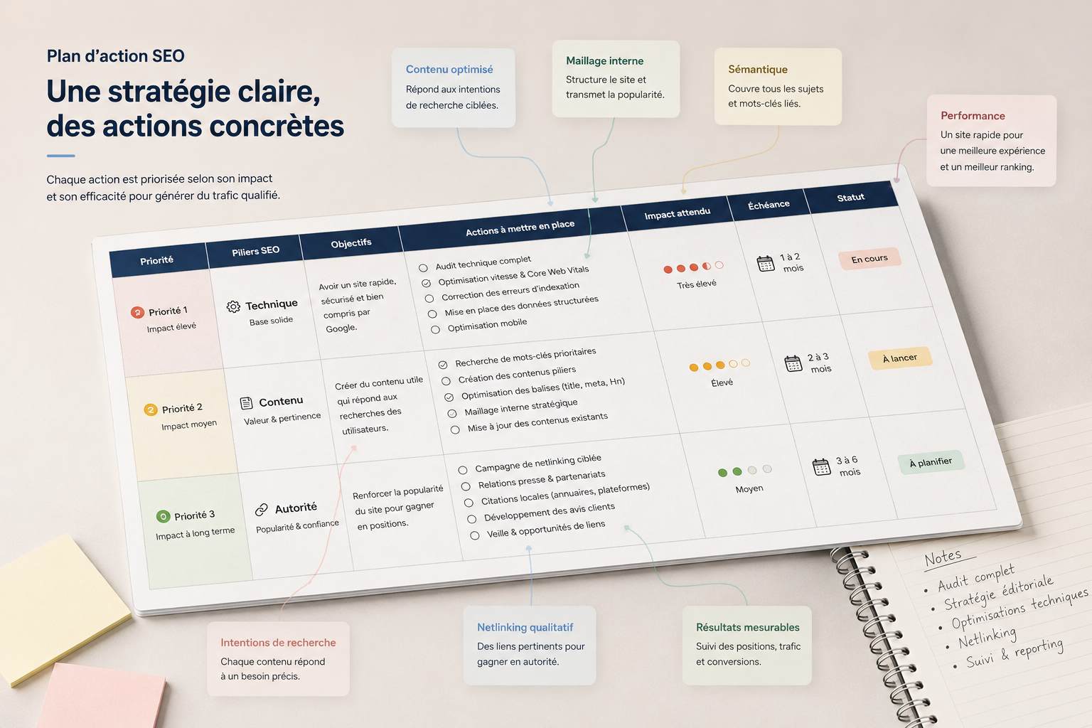 Plan d'action SEO Gloweb : piliers, objectifs, actions priorisées et statut