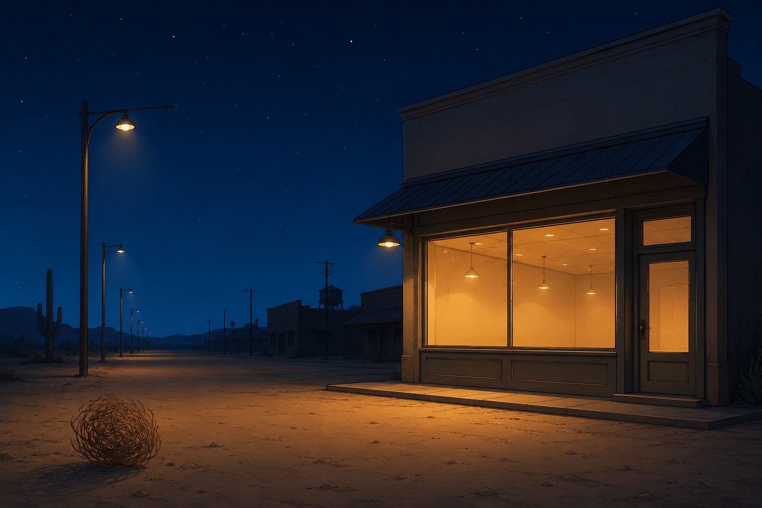 Belle boutique éclairée seule dans une rue déserte la nuit, métaphore d'un beau site web invisible sur Google